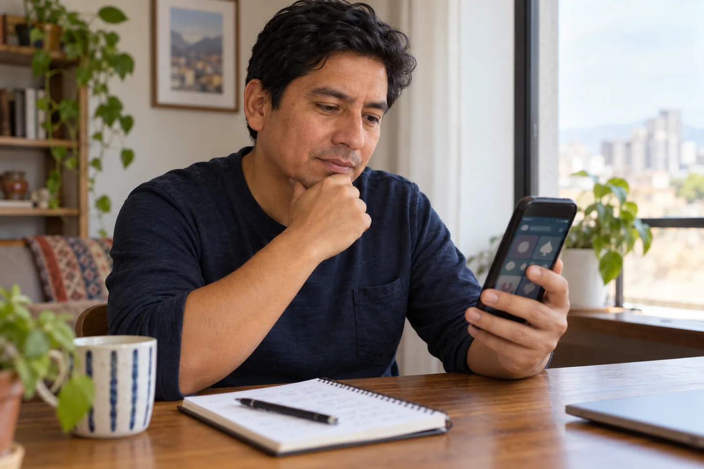 Lector adulto compara información de un casino online desde su celular y toma notas