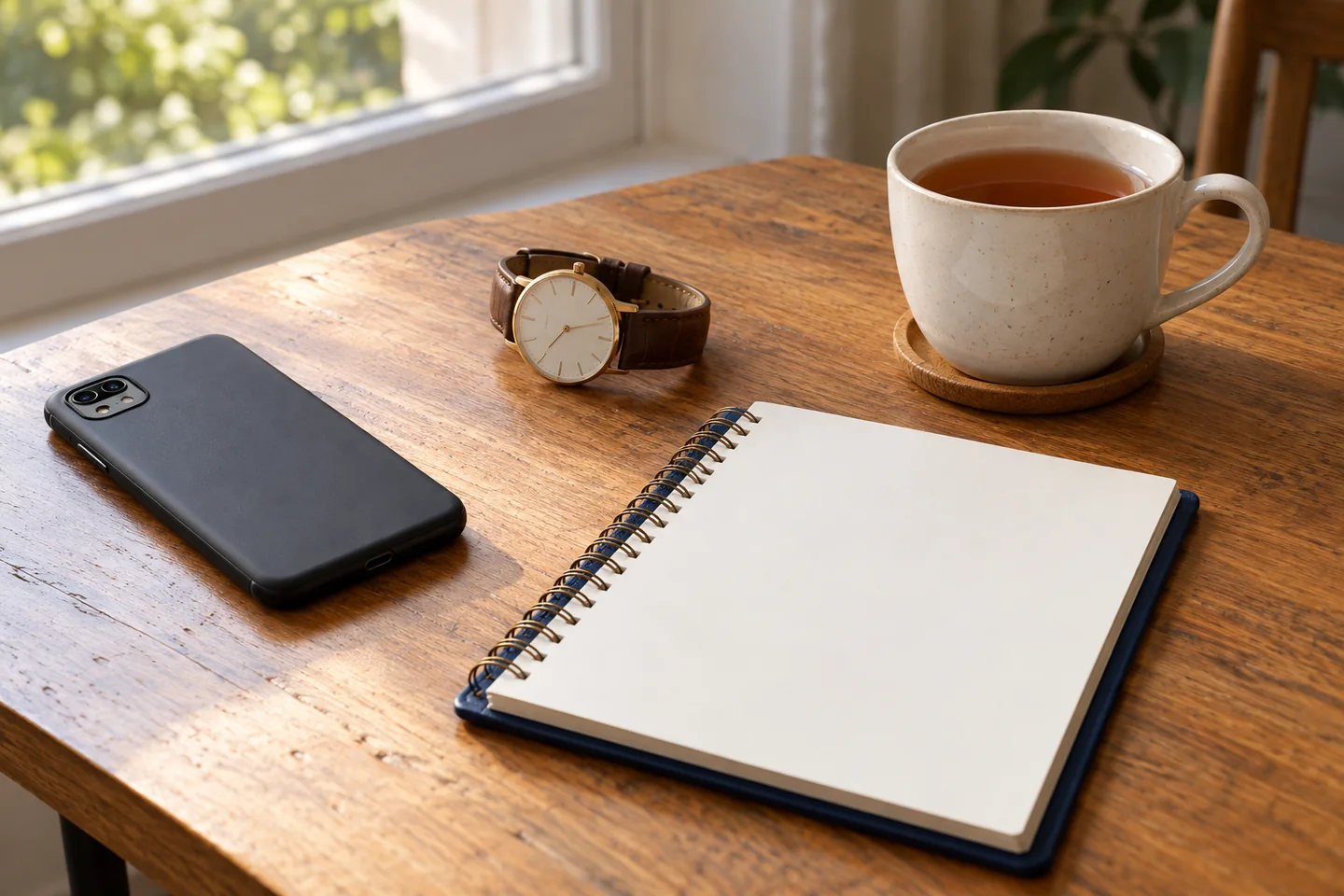 Teléfono apartado junto a un cuaderno, un reloj y una taza de té